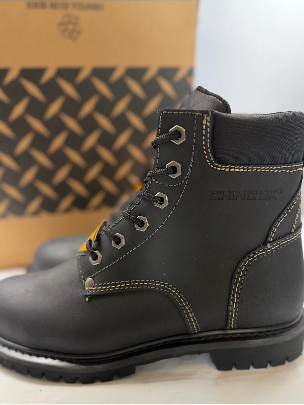 NWT AND BOX Men's Black Lace-Up Work Boots with Rugged Lug Sole 8.5